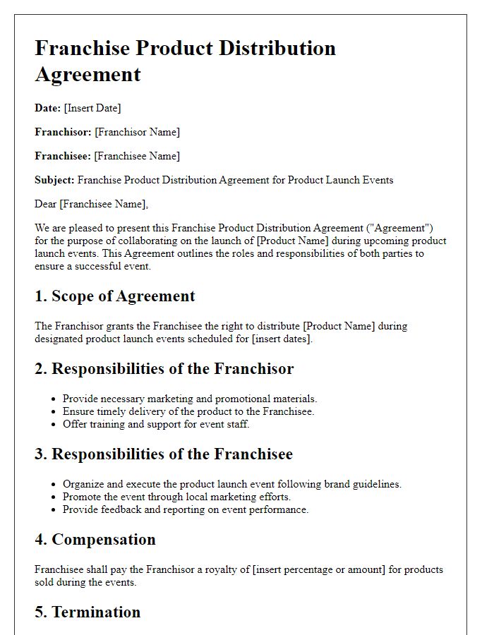 Letter template of Franchise Product Distribution Agreement for Product Launch Events