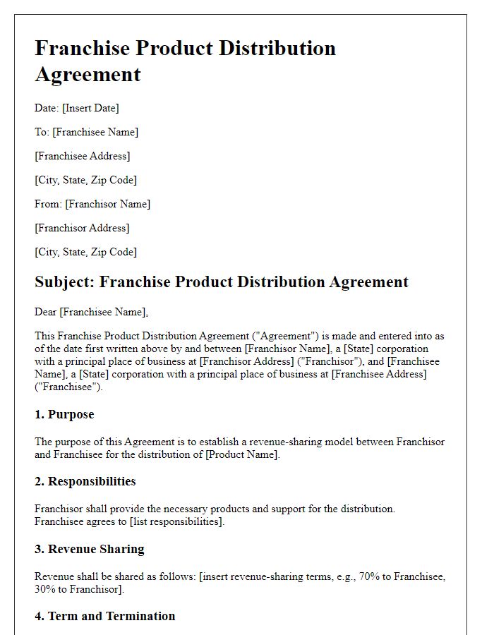 Letter template of Franchise Product Distribution Agreement with Revenue Sharing Model