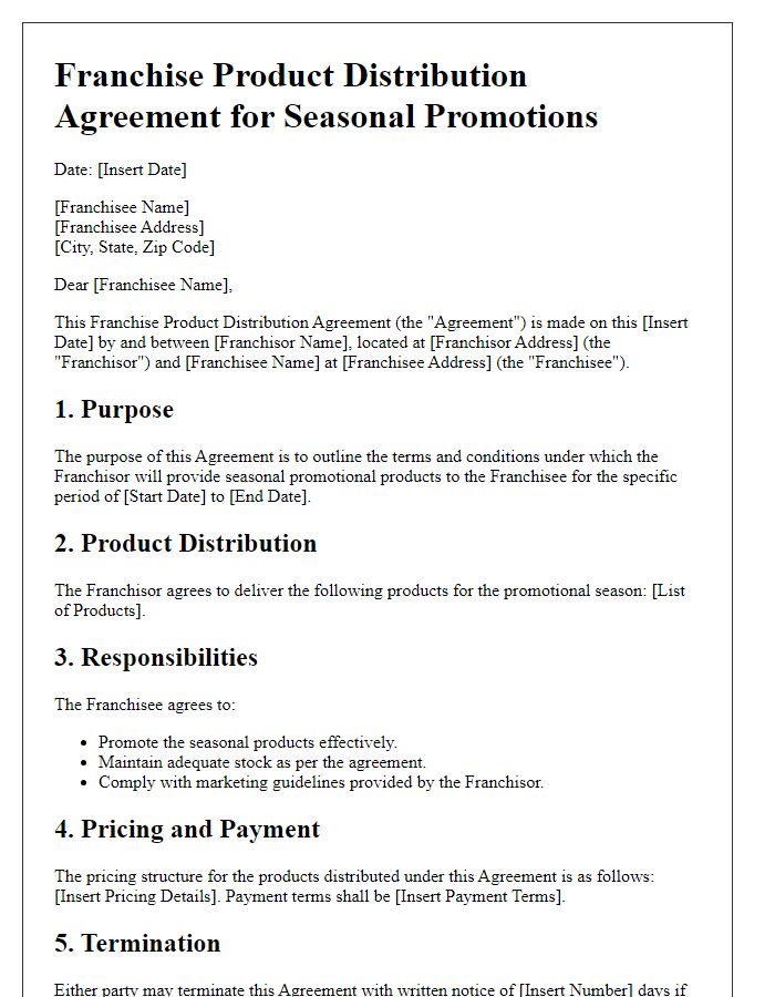 Letter template of Franchise Product Distribution Agreement for Seasonal Promotions