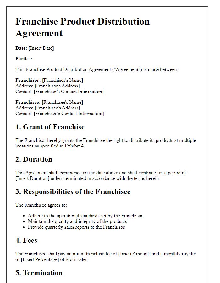 Letter template of Franchise Product Distribution Agreement tailored for Multiple Locations