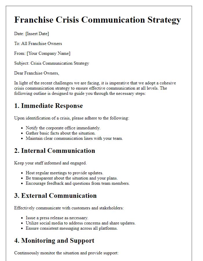 Letter template of franchise crisis communication strategy for franchise owners.