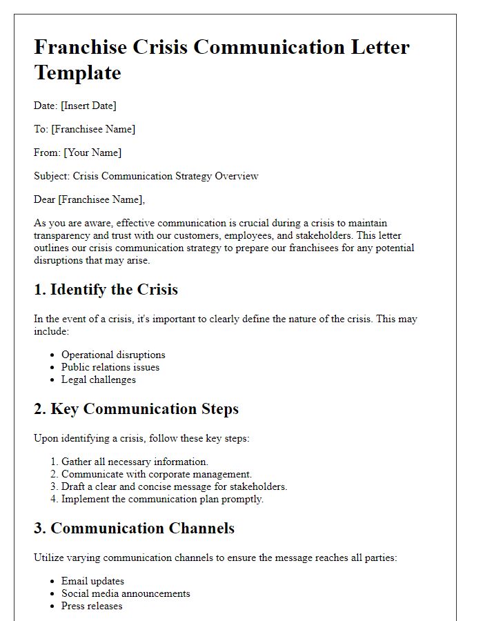 Letter template of franchise crisis communication strategy for franchise training purposes.