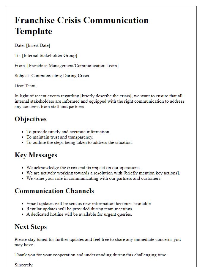 Letter template of franchise crisis communication strategy for internal stakeholders.