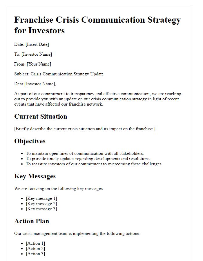 Letter template of franchise crisis communication strategy for investors.