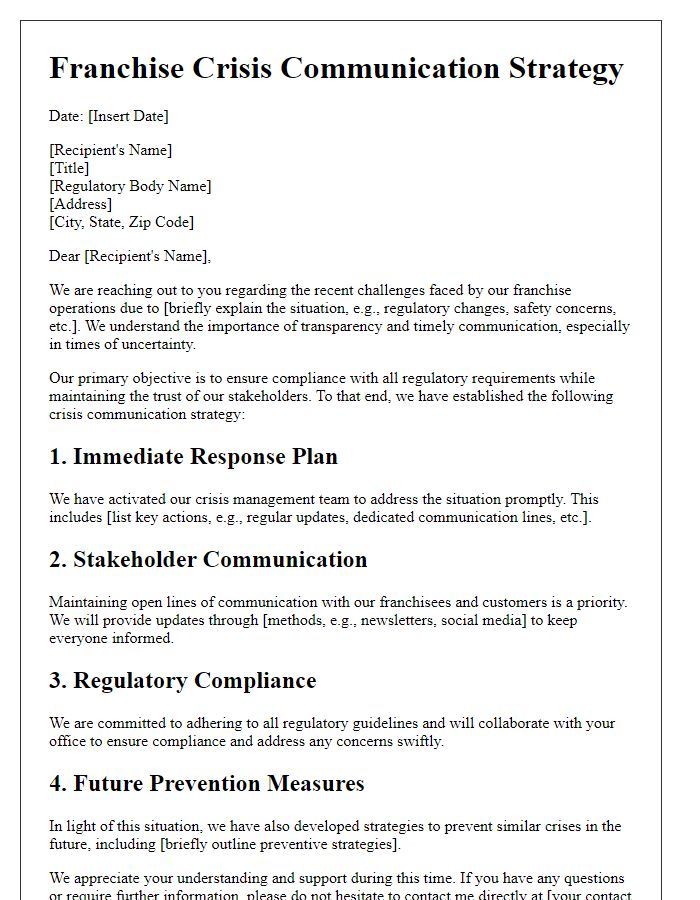 Letter template of franchise crisis communication strategy for regulatory bodies.