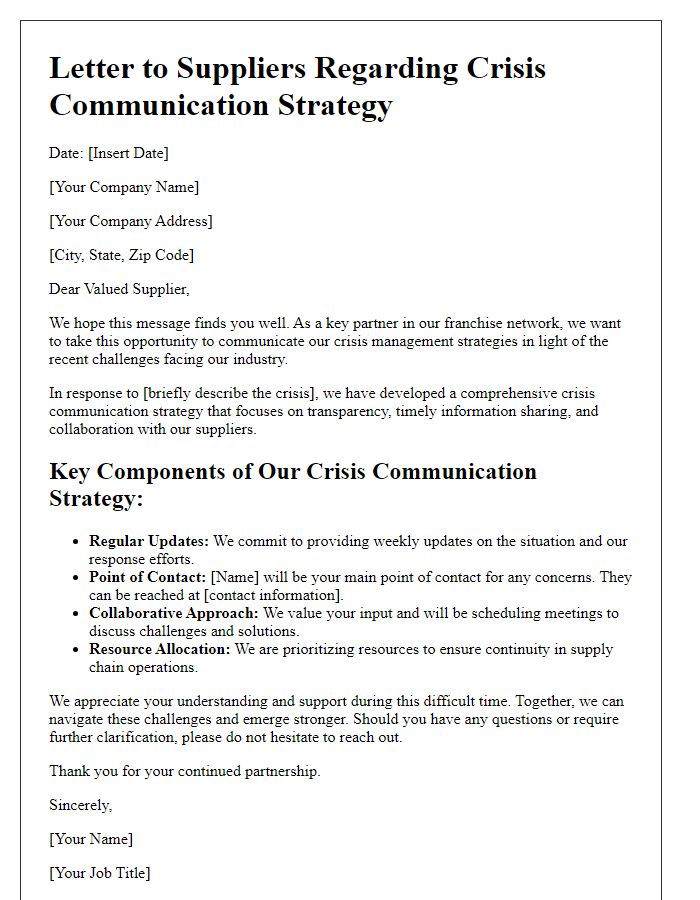 Letter template of franchise crisis communication strategy for suppliers.