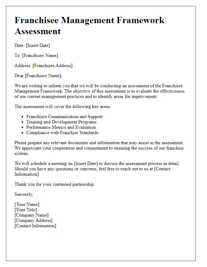 Letter template of franchisee management framework assessment