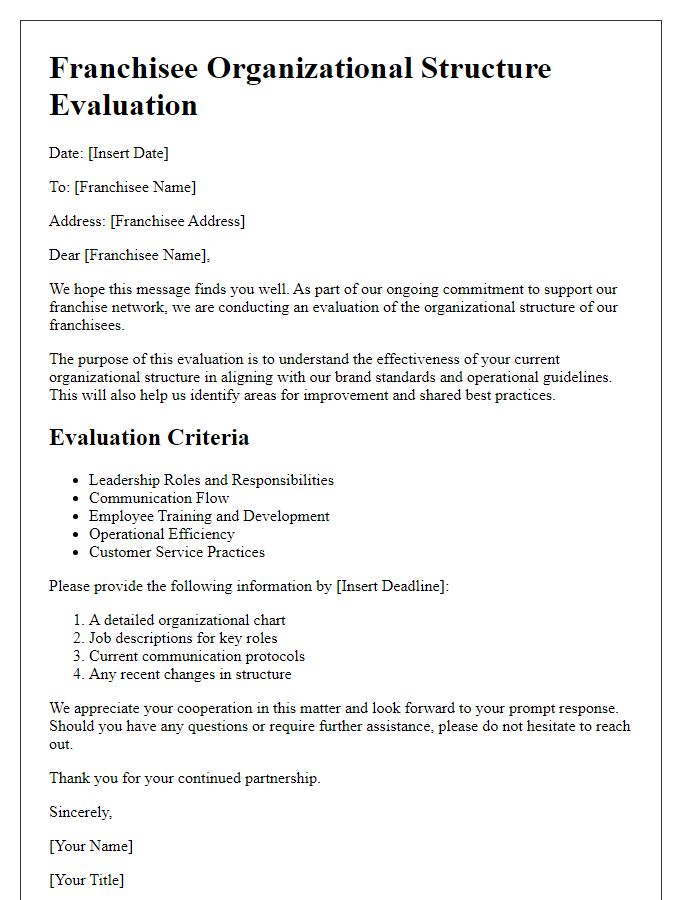 Letter template of franchisee organizational structure evaluation