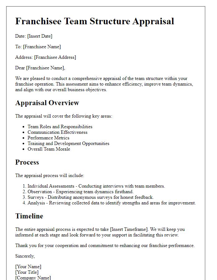 Letter template of franchisee team structure appraisal