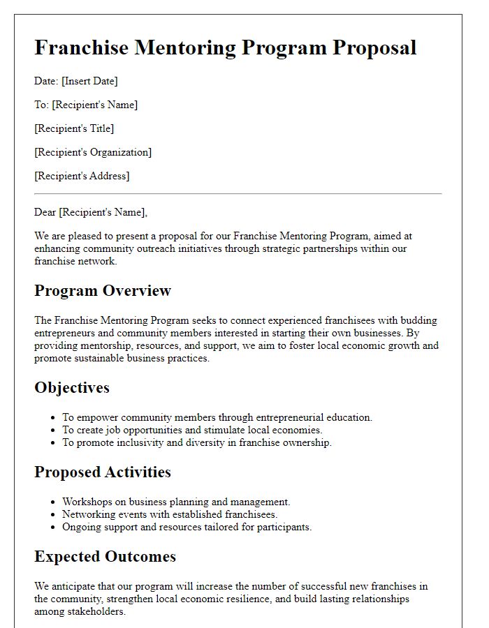 Letter template of franchise mentoring program proposal for community outreach initiatives.