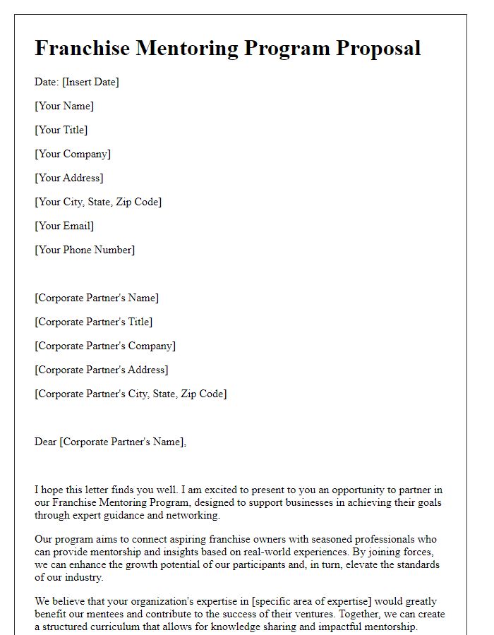 Letter template of franchise mentoring program proposal for corporate partners.