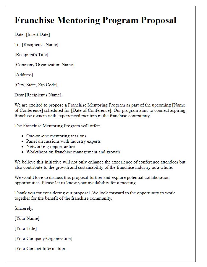 Letter template of franchise mentoring program proposal for industry conferences.