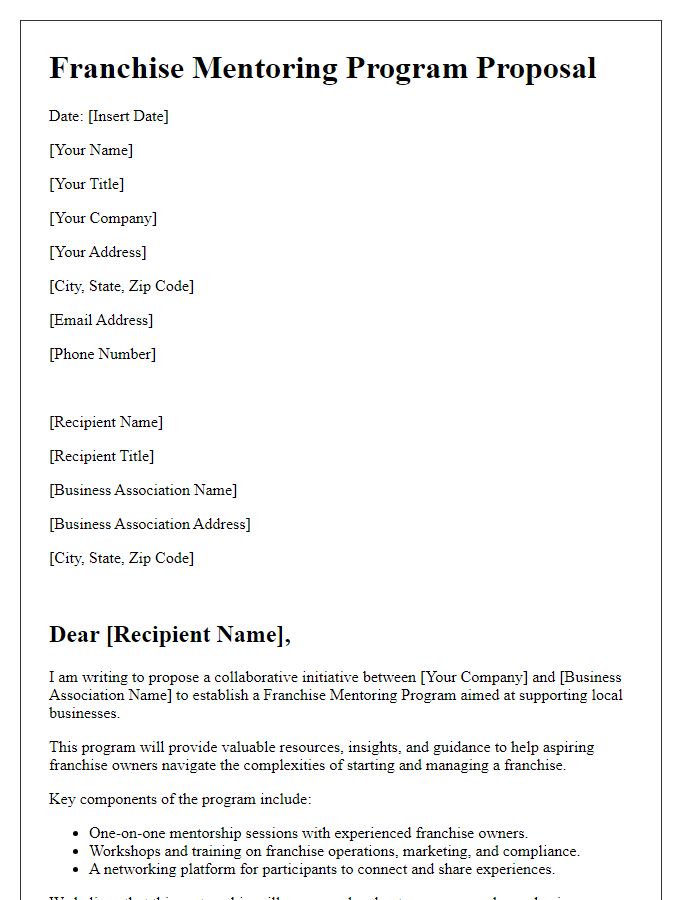 Letter template of franchise mentoring program proposal for local business associations.