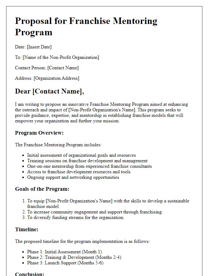 Letter template of franchise mentoring program proposal for non-profit organizations.