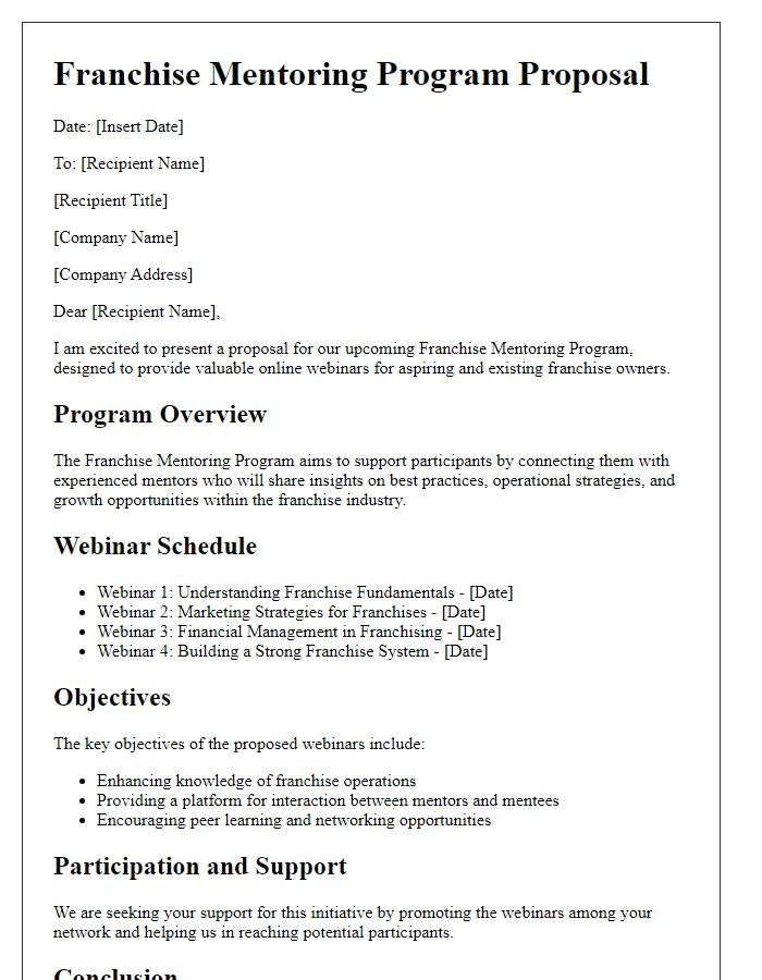 Letter template of franchise mentoring program proposal for online webinars.