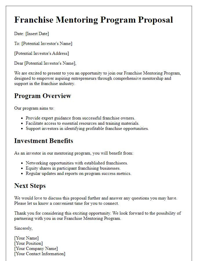 Letter template of franchise mentoring program proposal for potential investors.