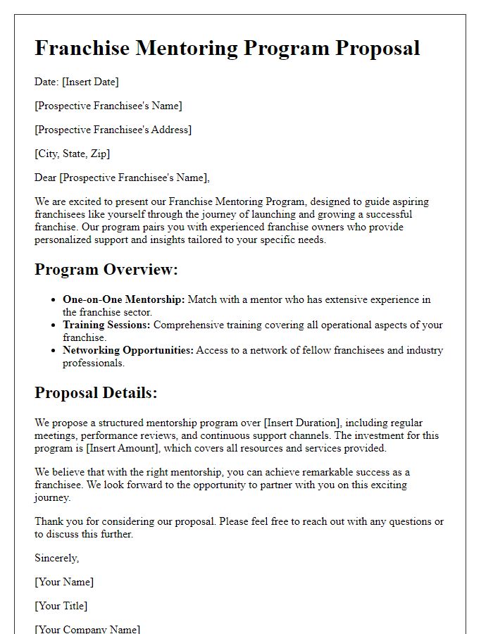 Letter template of franchise mentoring program proposal for prospective franchisees.