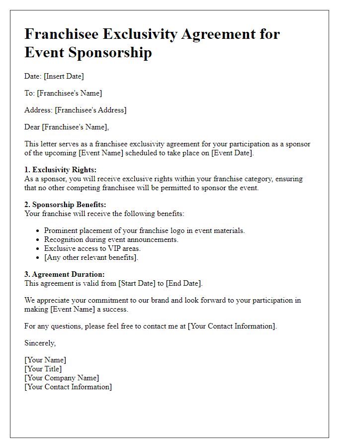 Letter template of Franchisee Exclusivity Agreement for Event Sponsorship