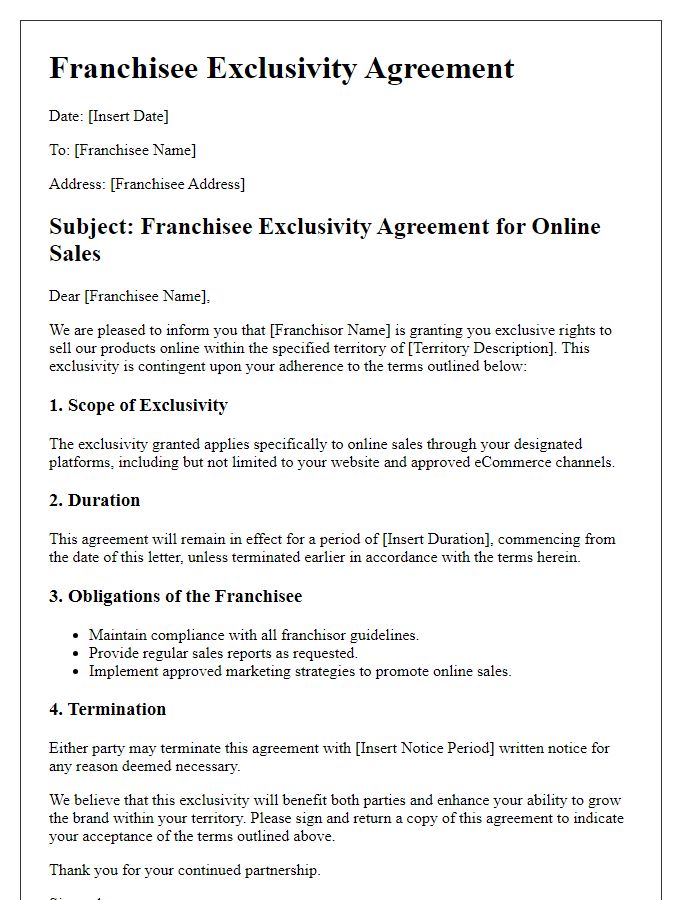 Letter template of Franchisee Exclusivity Agreement for Online Sales