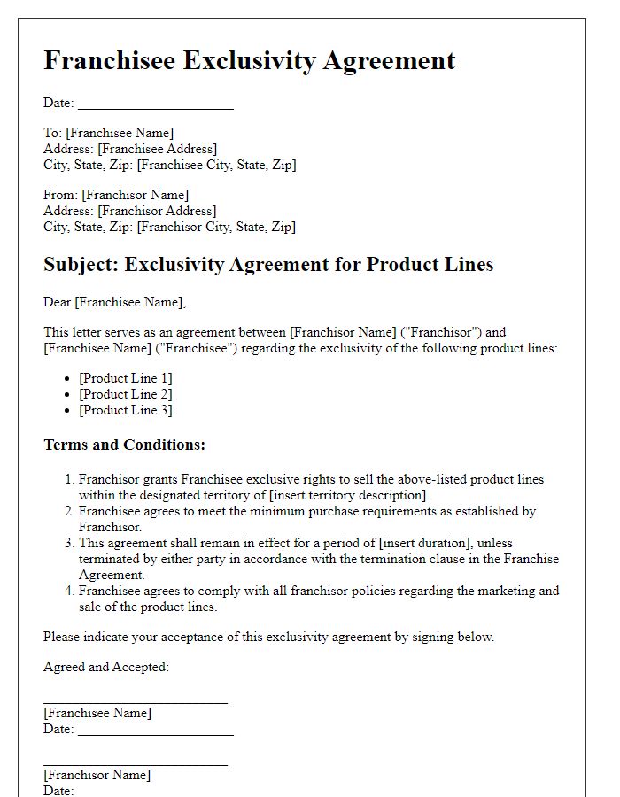 Letter template of Franchisee Exclusivity Agreement for Product Lines