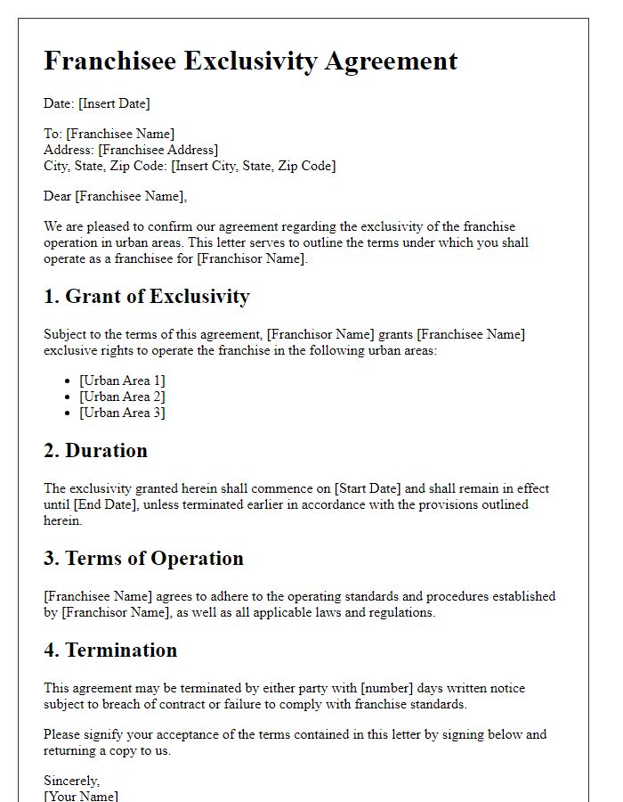 Letter template of Franchisee Exclusivity Agreement for Urban Areas