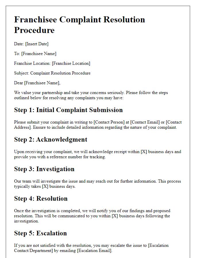 Letter template of franchisee complaint resolution procedure