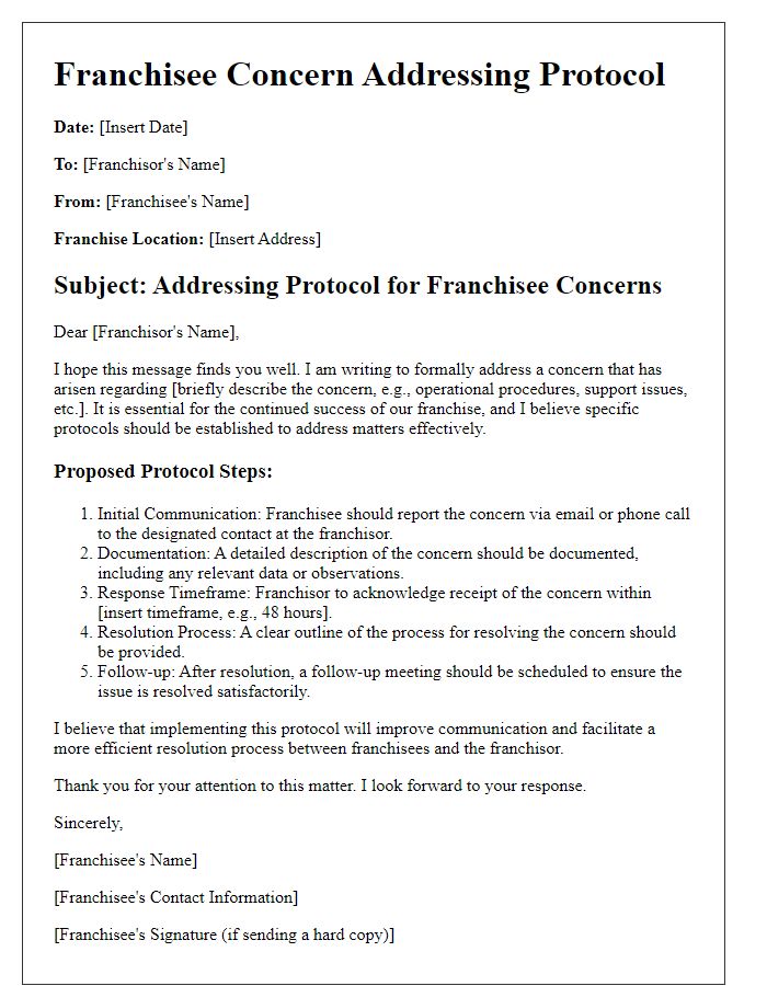 Letter template of franchisee concern addressing protocol