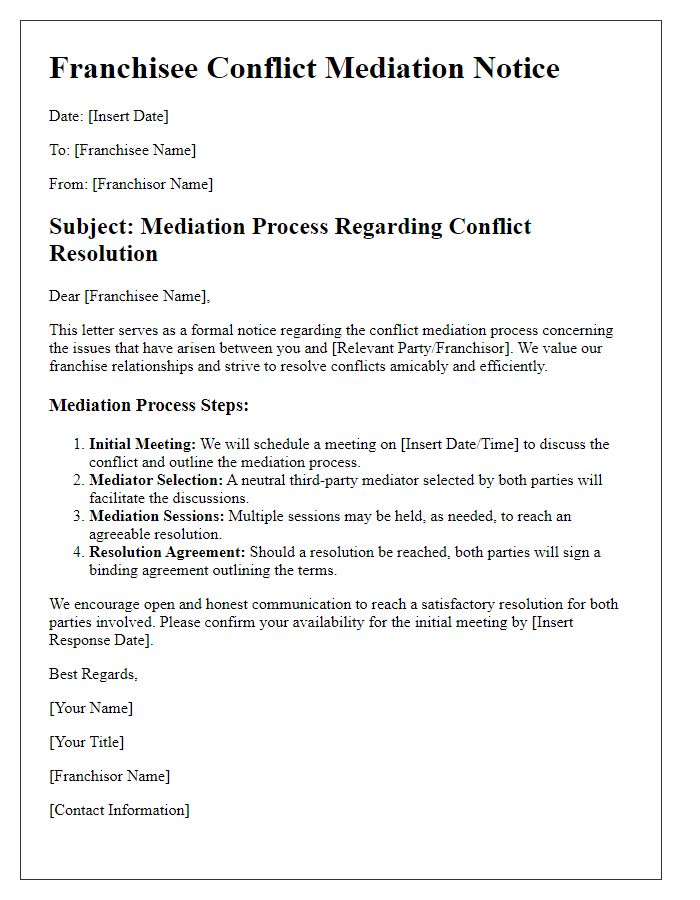 Letter template of franchisee conflict mediation process