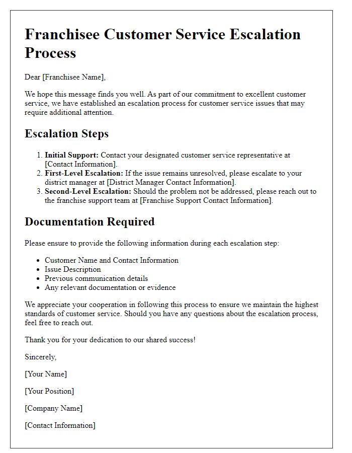 Letter template of franchisee customer service escalation process