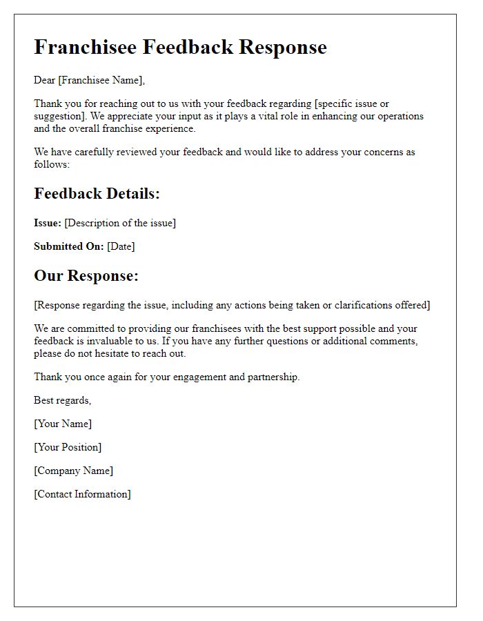 Letter template of franchisee feedback handling system