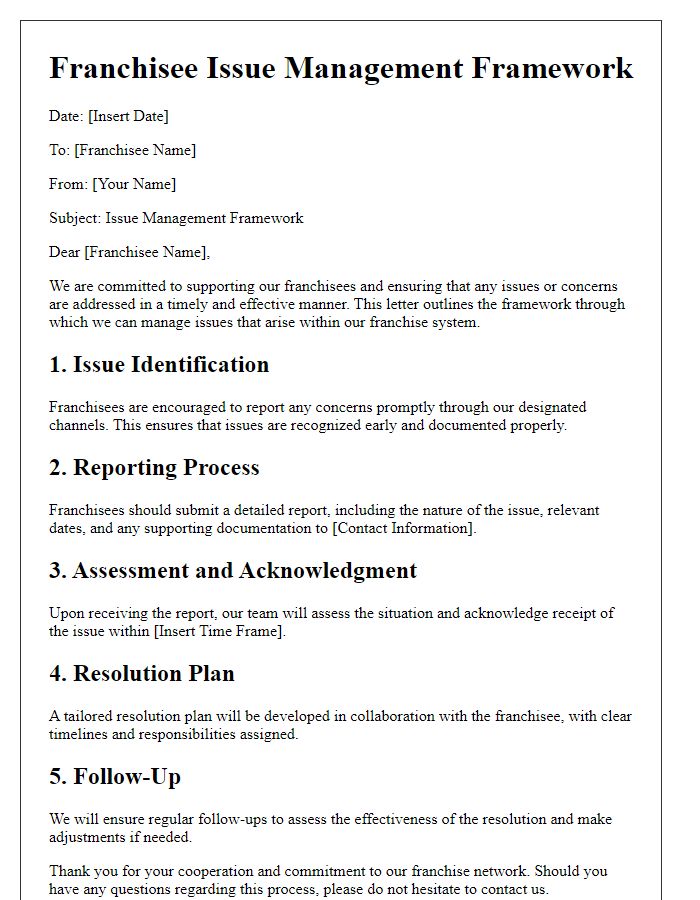 Letter template of franchisee issue management framework