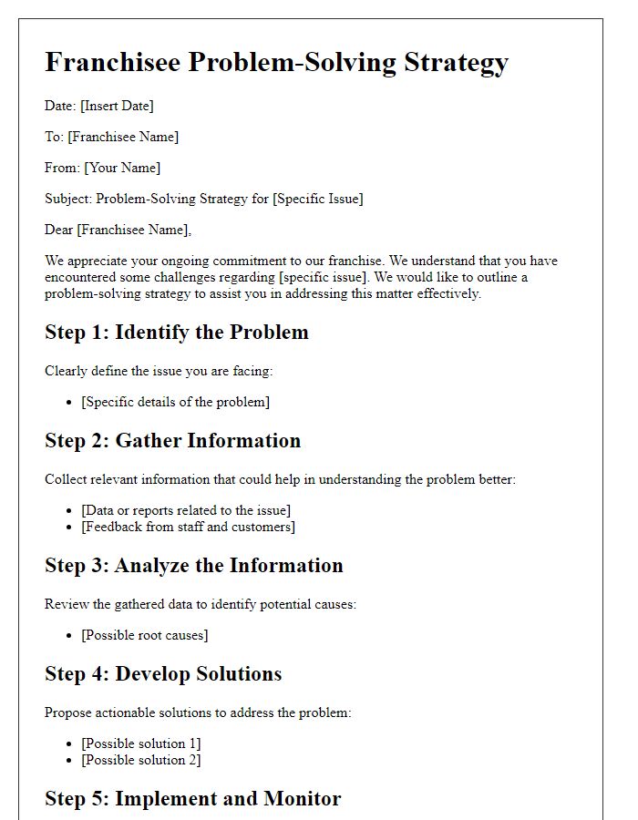 Letter template of franchisee problem-solving strategy