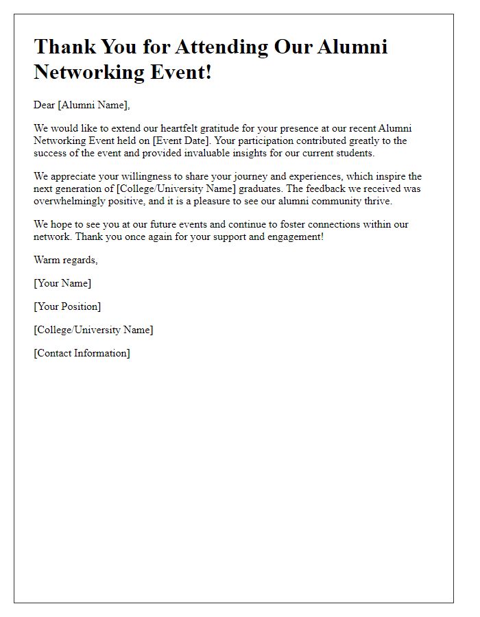 Letter template of alumni networking event gratitude and acknowledgment