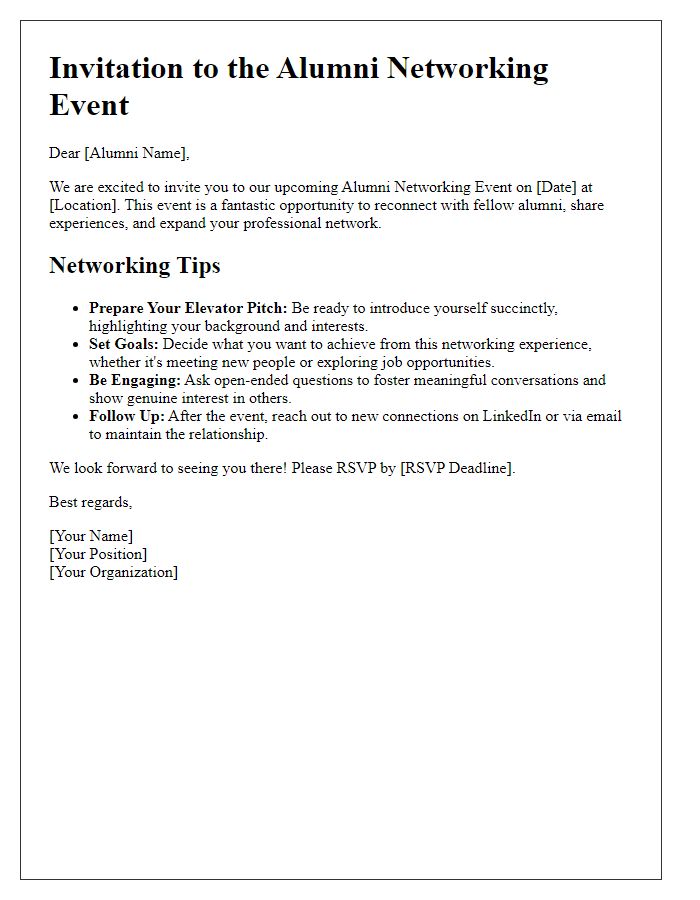 Letter template of alumni networking event networking tips