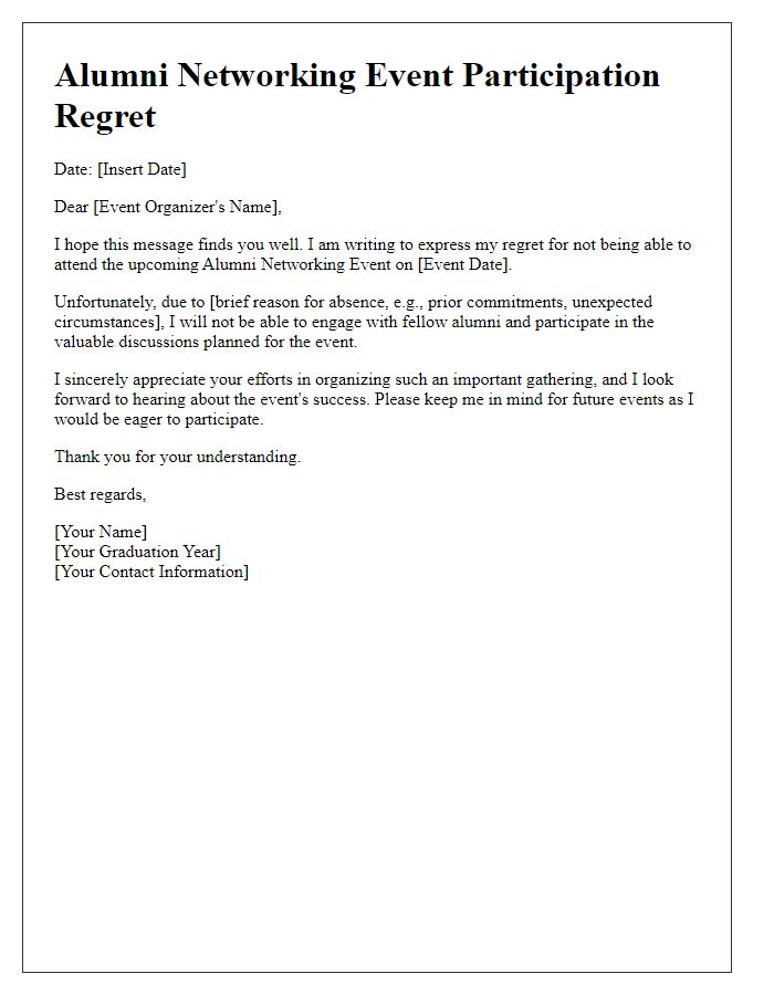 Letter template of alumni networking event participation regret