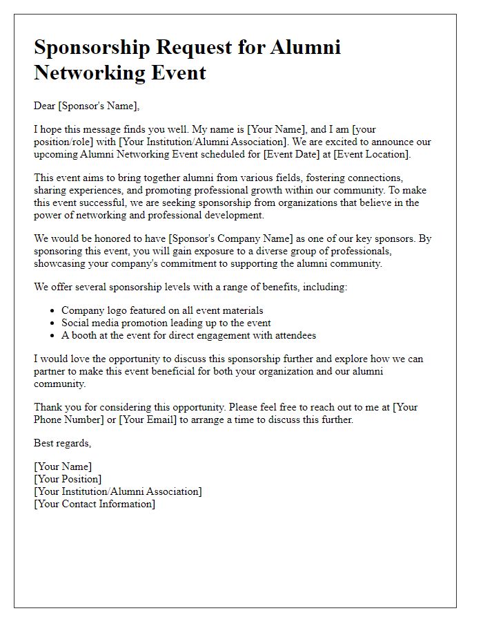 Letter template of alumni networking event sponsorship request