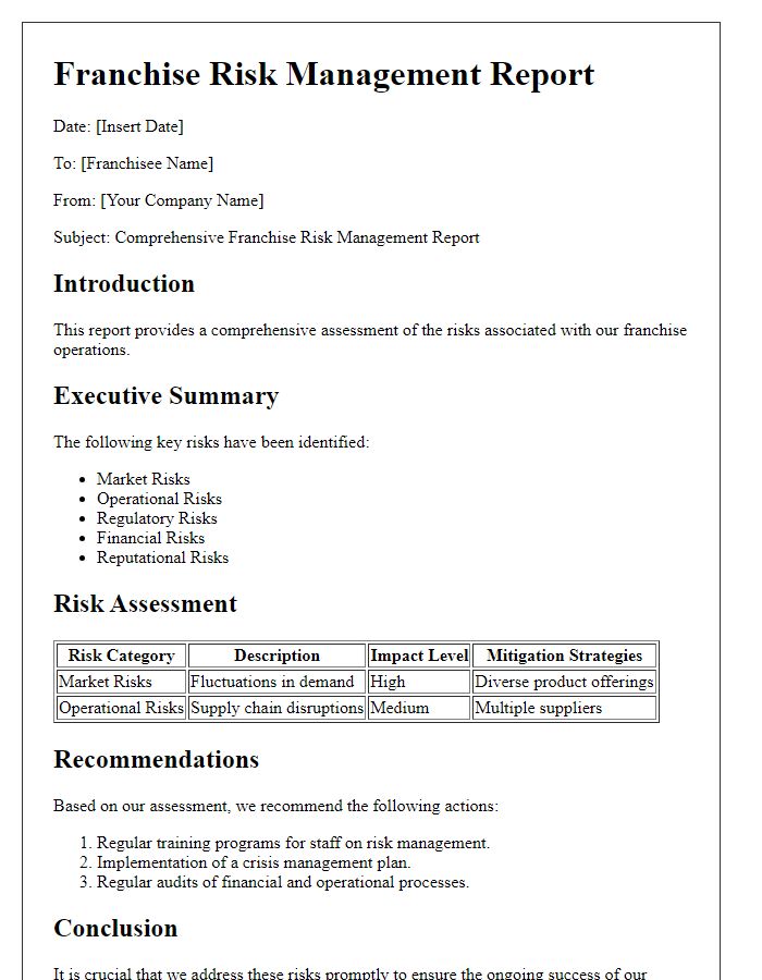 Letter template of comprehensive franchise risk management report