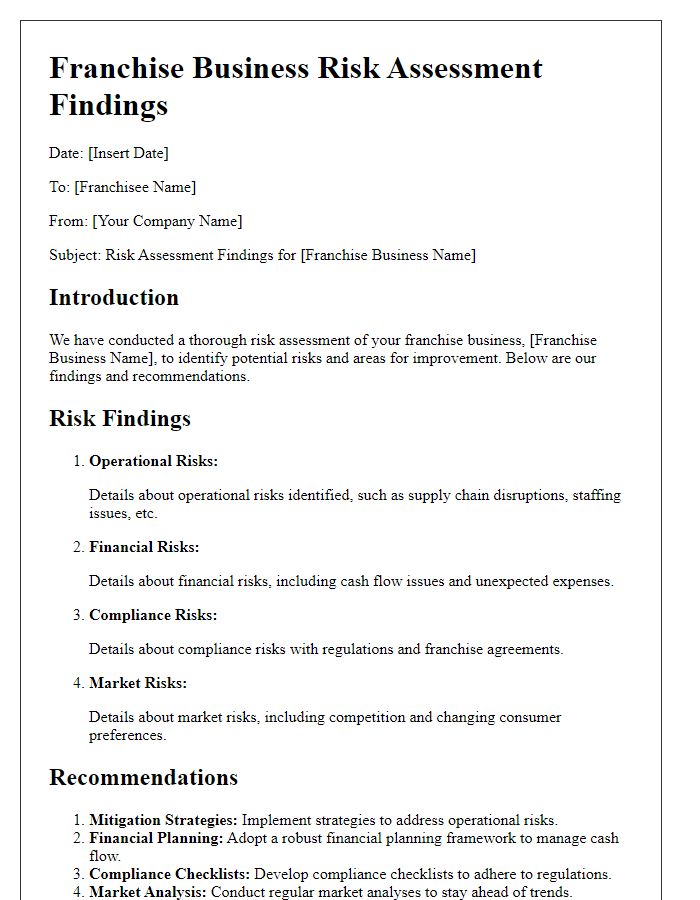 Letter template of franchise business risk assessment findings