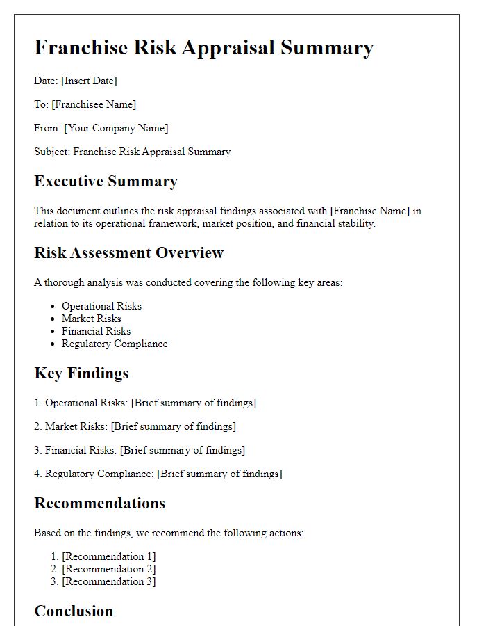 Letter template of franchise risk appraisal summary