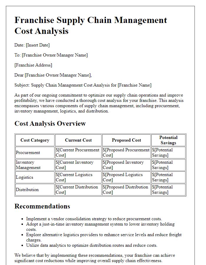 Letter template of franchise supply chain management cost analysis