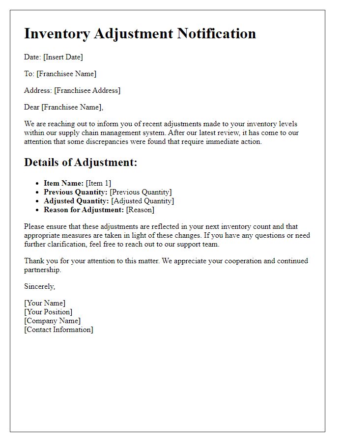 Letter template of franchise supply chain management inventory adjustment