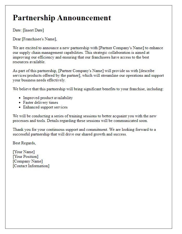 Letter template of franchise supply chain management partnership announcement