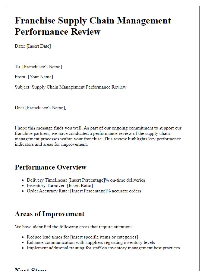 Letter template of franchise supply chain management performance review