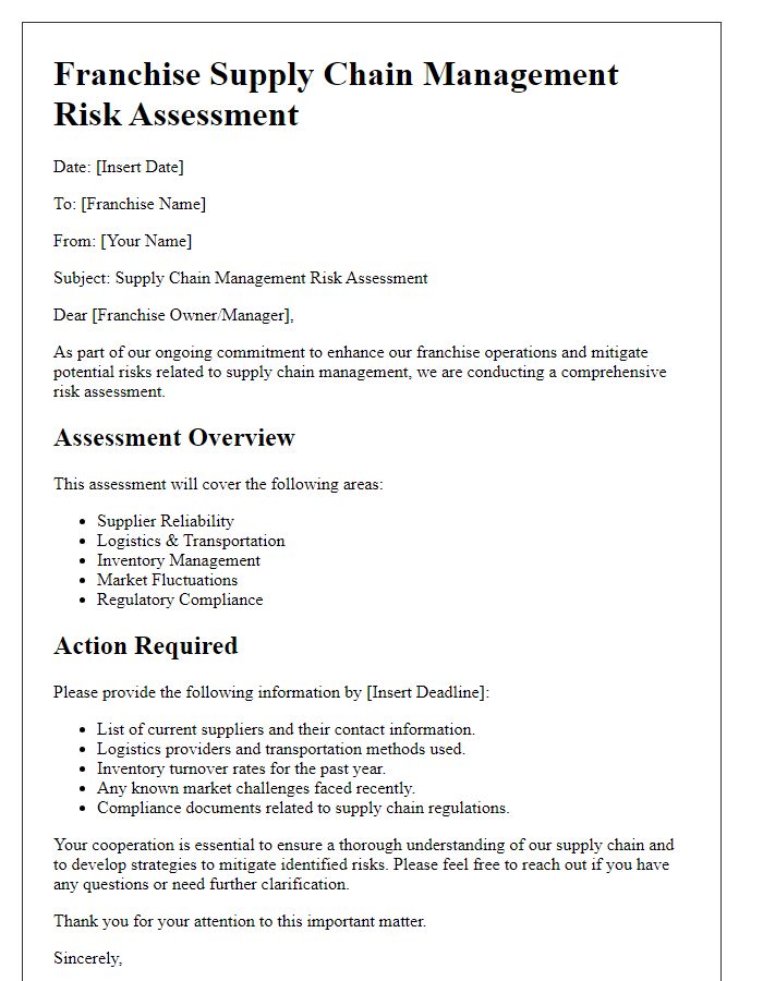 Letter template of franchise supply chain management risk assessment