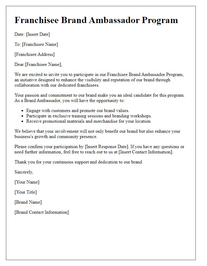 Letter template of franchisee brand ambassador program