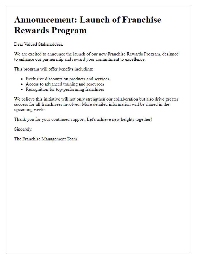 Letter template of franchise rewards program announcement for stakeholders