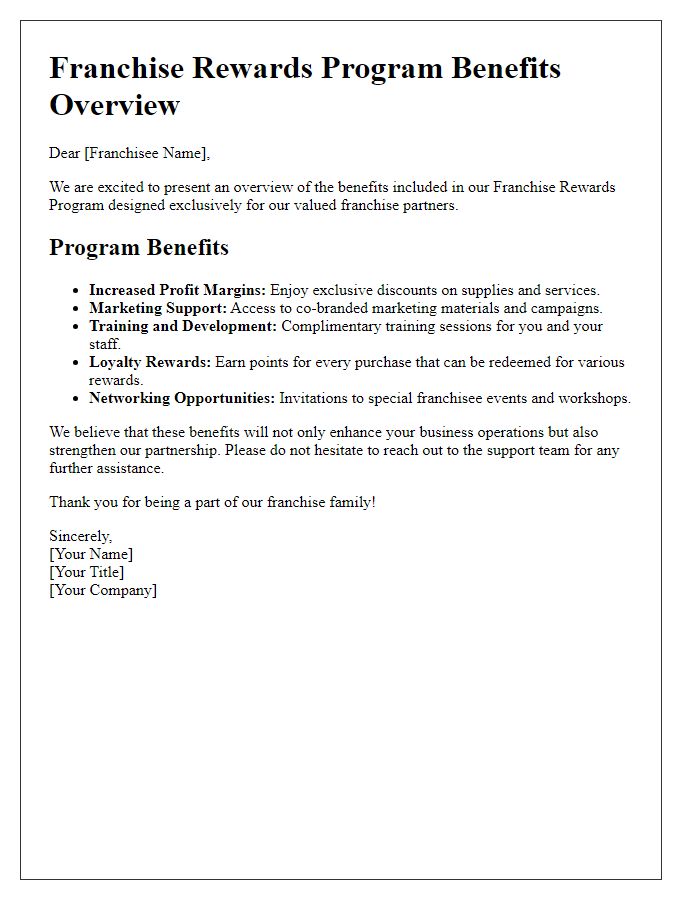 Letter template of franchise rewards program benefits overview for franchises