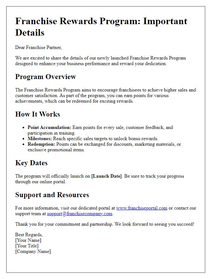 Letter template of franchise rewards program details for franchises