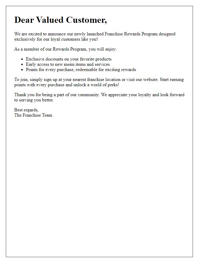 Letter template of franchise rewards program engagement for customers