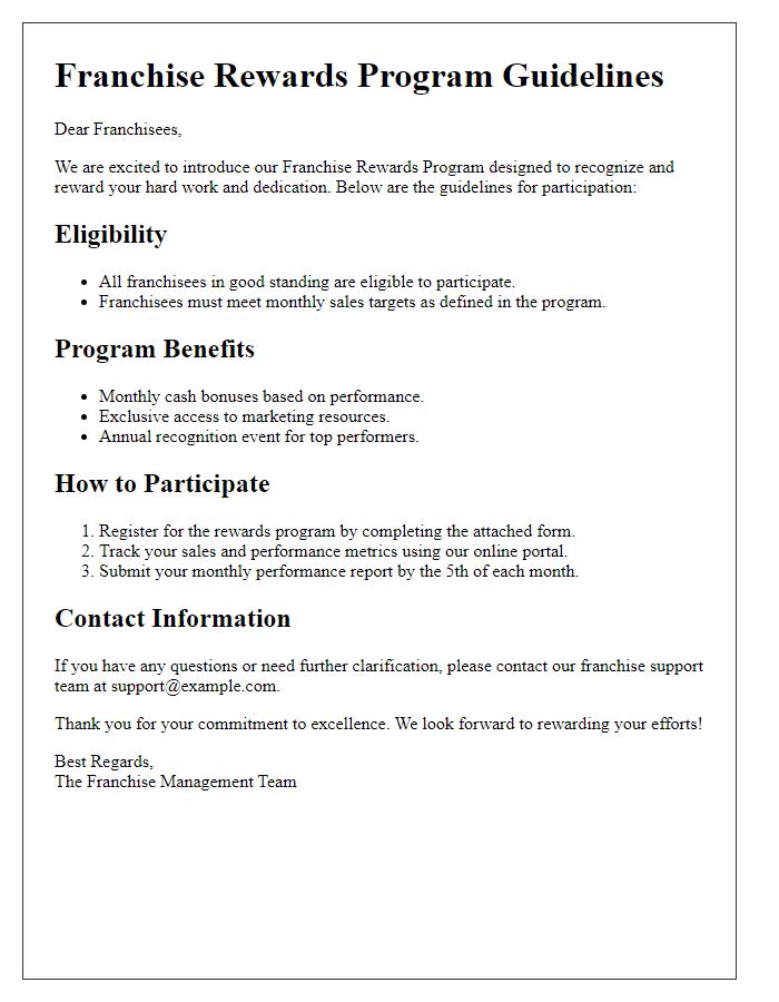 Letter template of franchise rewards program guidelines for franchisees